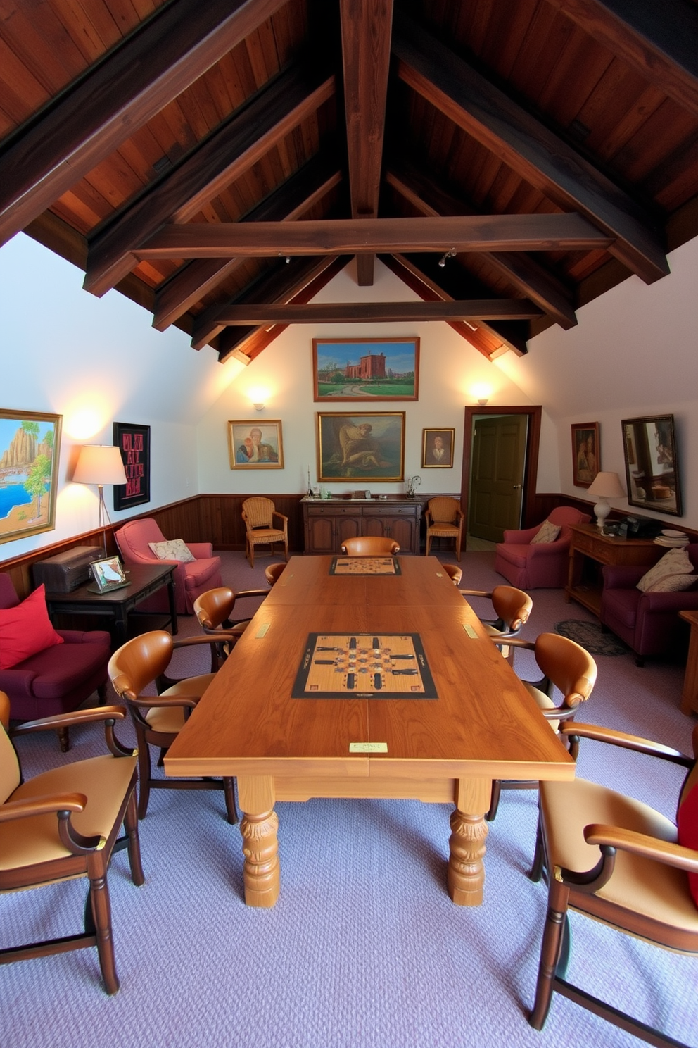 A cozy attic game room featuring a large wooden table at the center surrounded by comfortable chairs. The walls are adorned with vibrant artwork and the ceiling has exposed beams, creating a warm and inviting atmosphere.