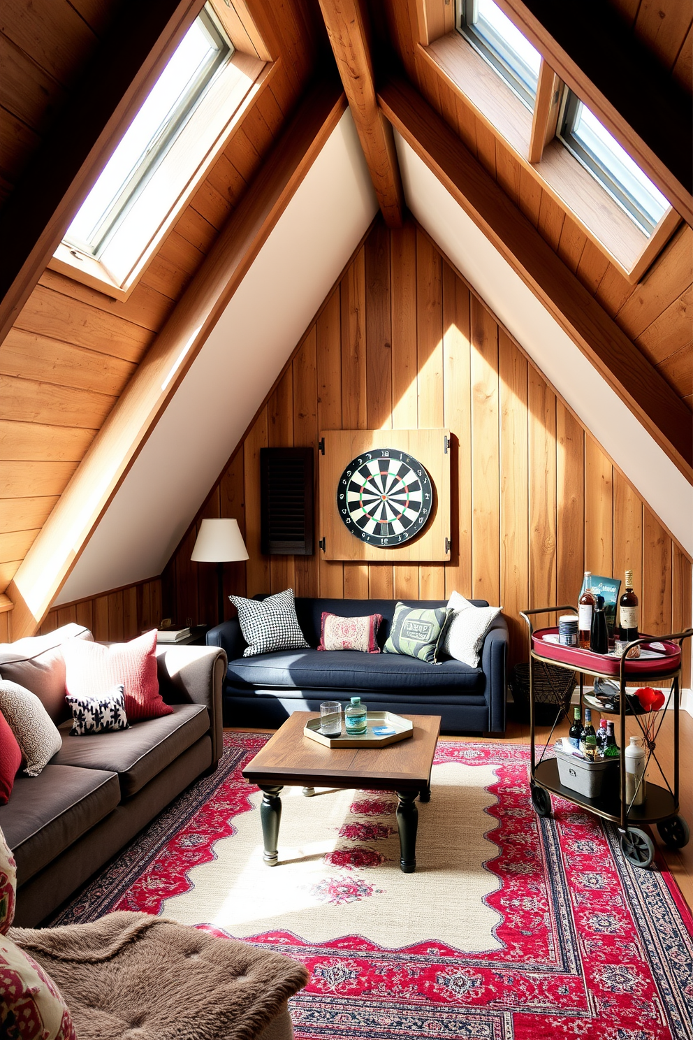 A cozy attic game room featuring a stylish dartboard mounted on a wooden wall. The space is furnished with a plush sectional sofa and a rustic coffee table, creating an inviting atmosphere for friends and family to gather. Natural light floods the room through skylights, highlighting the warm wooden beams and soft area rugs. A vintage bar cart sits in one corner, stocked with snacks and drinks for a fun game night experience.