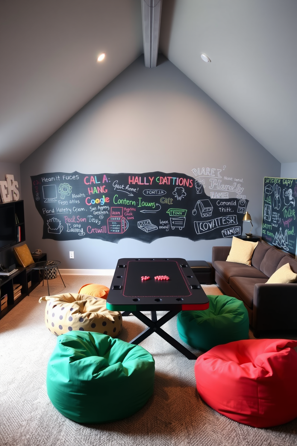 Magnetic chalkboard wall designed for creativity. The wall is painted in a soft gray color, allowing vibrant chalk colors to pop against it. Attic game room featuring a cozy lounge area with a sectional sofa. A large gaming table is positioned in the center, surrounded by colorful bean bags for additional seating.