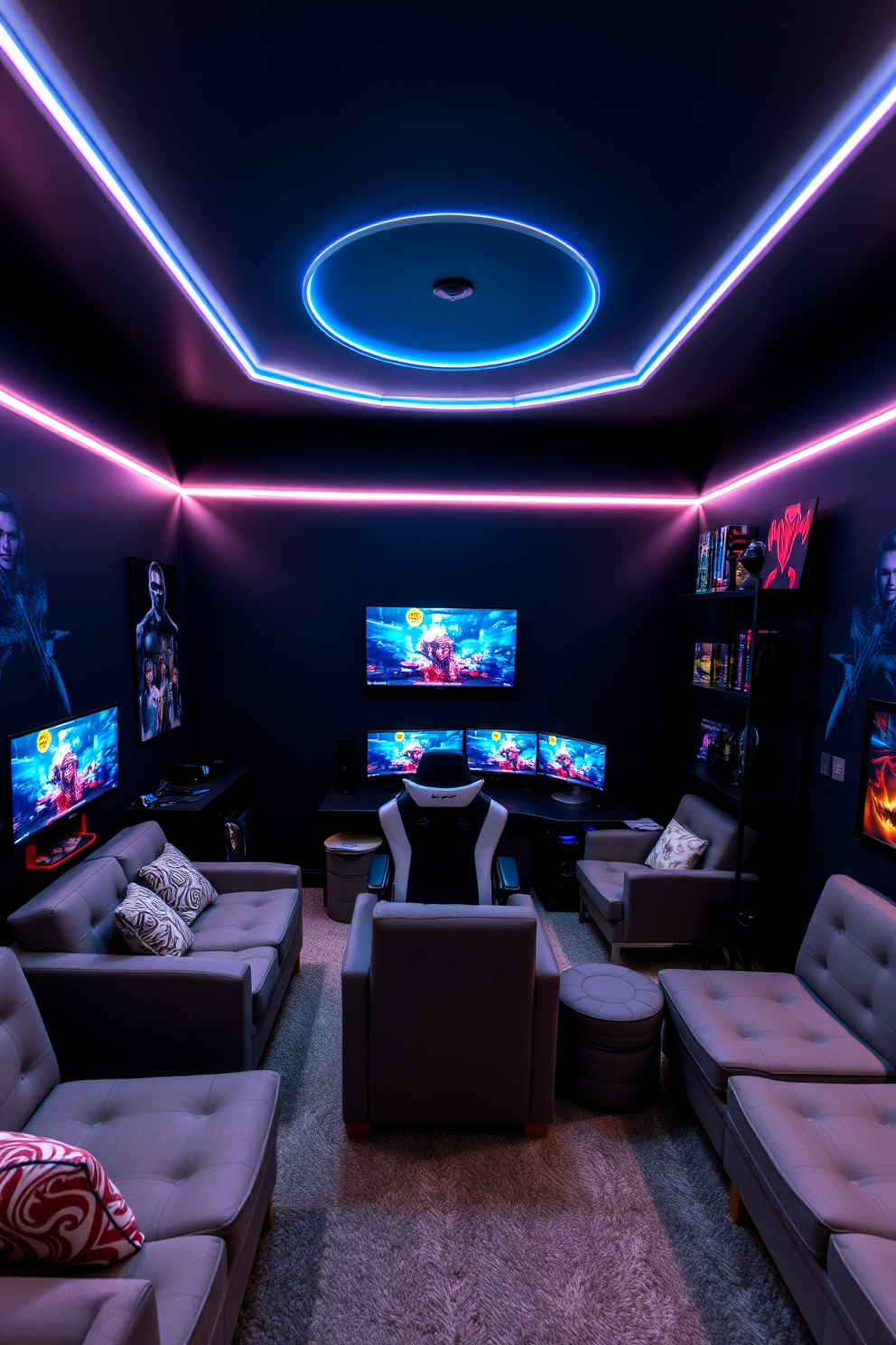 A modern gaming setup featuring LED strip lights that create an immersive atmosphere. The walls are painted in a dark hue, and the gaming desk is sleek with multiple monitors displaying vibrant graphics. The room is furnished with a comfortable gaming chair and shelves filled with game memorabilia. Soft seating options are arranged for friends, and the floor is covered with a plush carpet for added comfort.