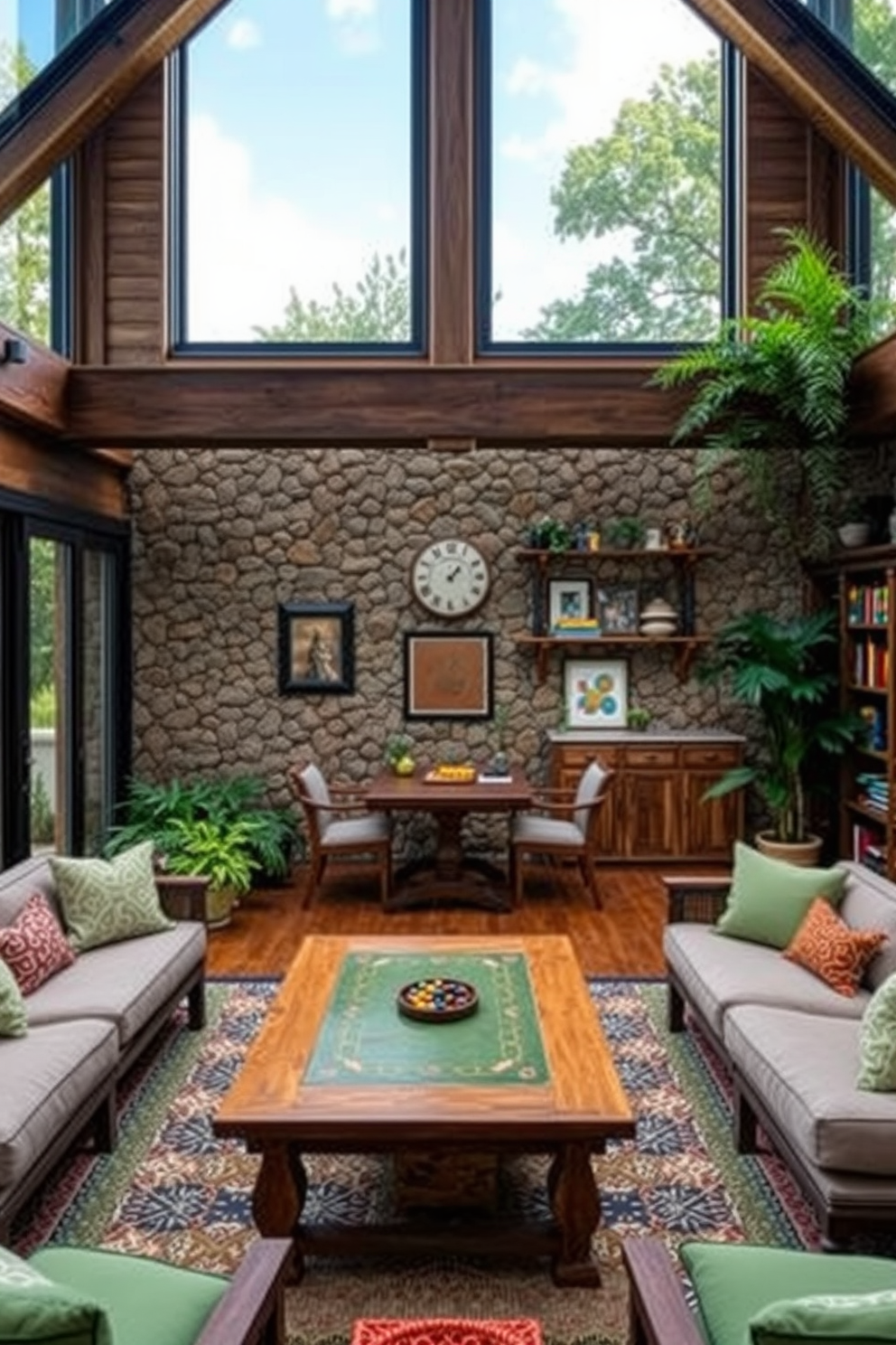 A cozy attic game room features a stylish foosball table positioned in the center, surrounded by plush seating for friends and family. The walls are adorned with vintage sports memorabilia, and large windows allow natural light to flood the space, enhancing the warm wood tones of the flooring. In one corner, a sleek pool table is complemented by a custom-built bar area, complete with high stools and ambient lighting. The overall color palette consists of deep blues and grays, creating a relaxed yet sophisticated atmosphere perfect for entertaining.