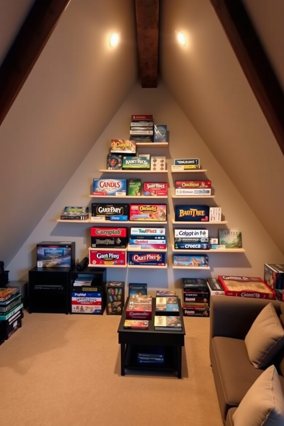 A cozy attic game room features wall-mounted board game display shelves filled with a variety of colorful boxes and classic games. The room is adorned with soft ambient lighting and comfortable seating, creating an inviting atmosphere for family and friends to enjoy game nights.