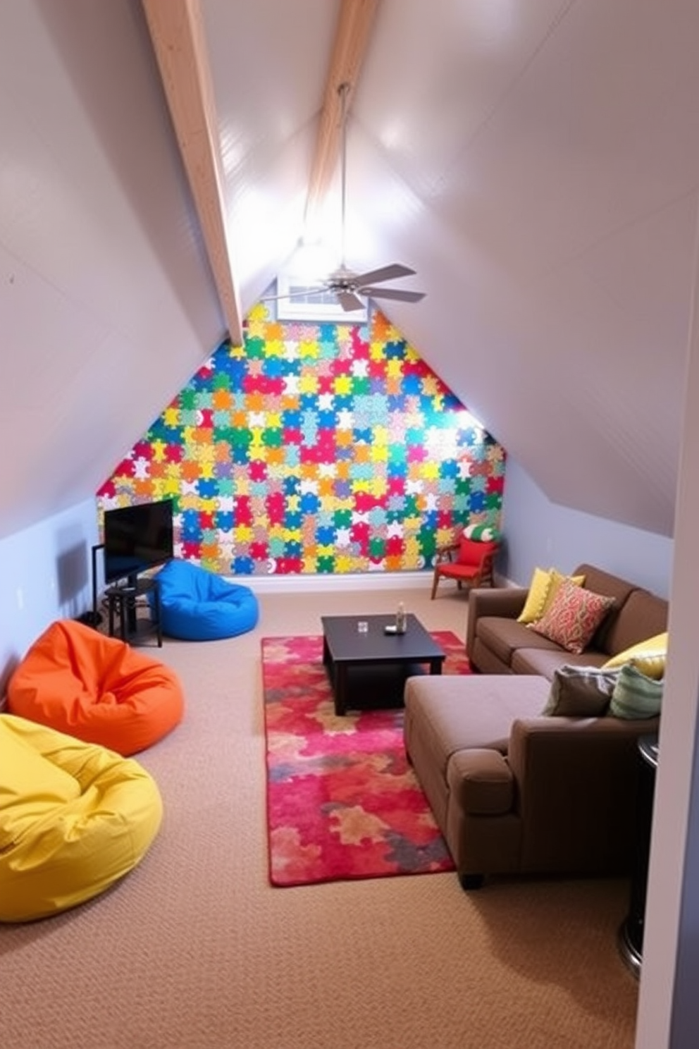 A vibrant attic game room designed for interactive fun. The walls are adorned with a large puzzle wall featuring colorful, movable pieces for engaging challenges. Cozy seating areas with bean bags and a sectional sofa create a relaxed atmosphere. A small kitchenette with a bar counter is included for refreshments during game sessions.