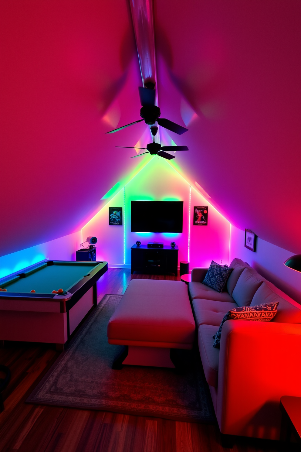 A cozy attic game room filled with colorful LED lighting that creates a vibrant and inviting atmosphere. The room features a plush sectional sofa, a pool table, and a large flat-screen TV mounted on the slanted ceiling. Soft neon lights are strategically placed around the room, illuminating the gaming area and enhancing the playful vibe. The walls are adorned with framed posters of classic video games, and a stylish rug adds warmth to the wooden floor.