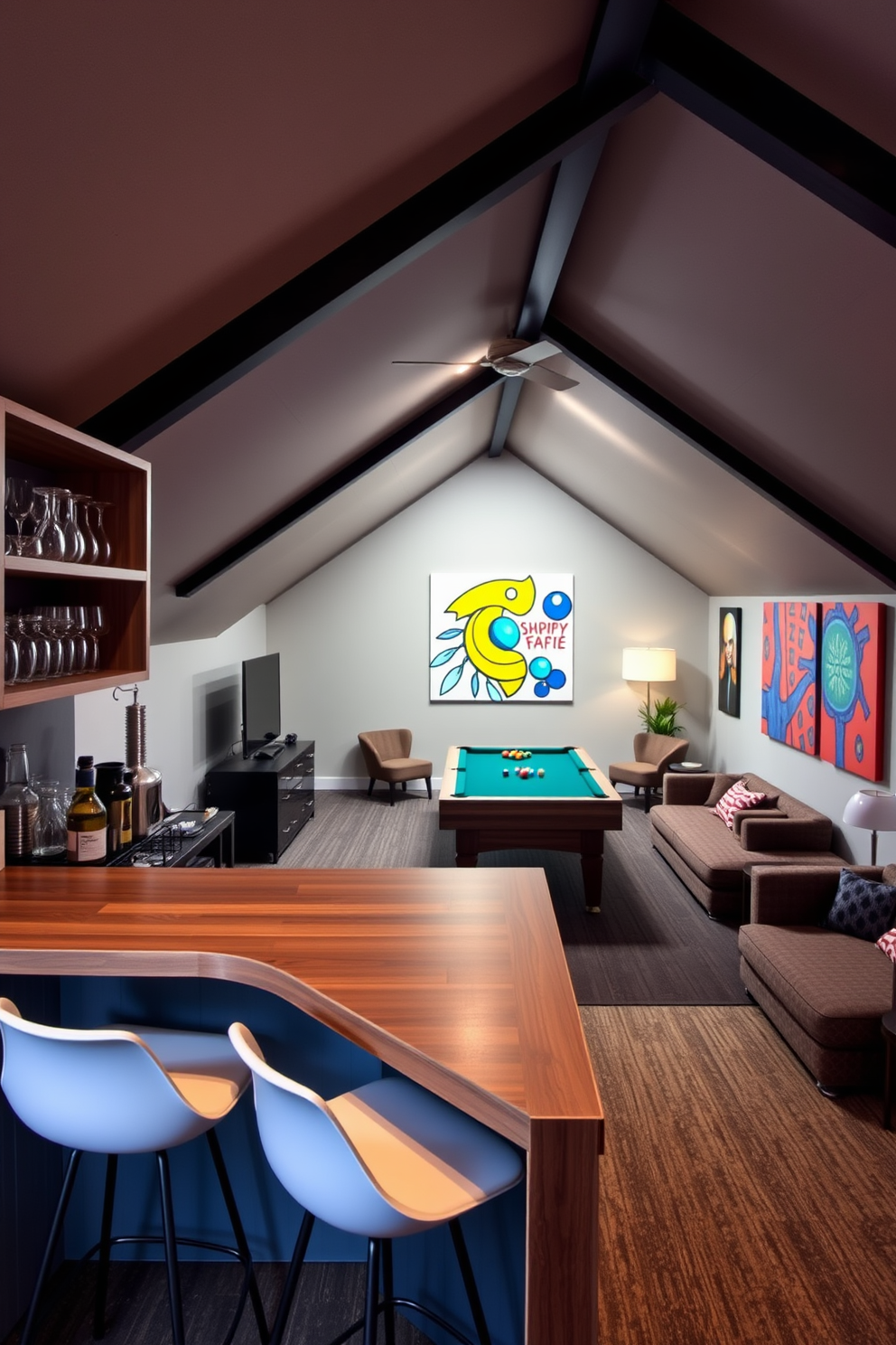 A cozy attic game room featuring display shelves filled with classic board games. The walls are painted in a warm beige tone, and a plush area rug adds comfort underfoot.