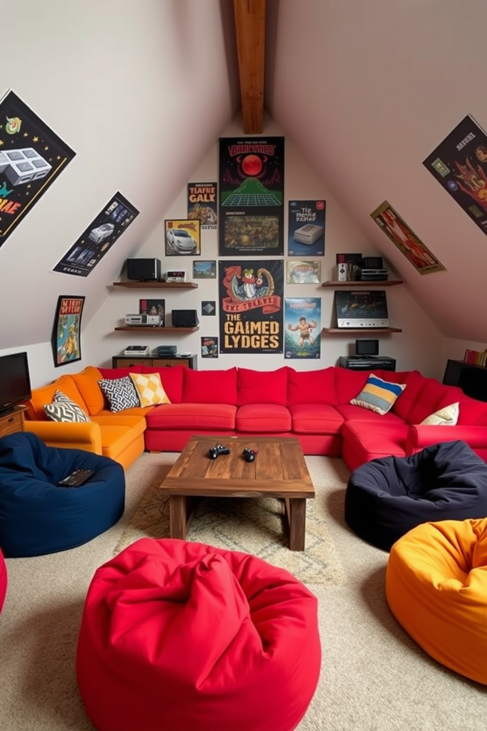 A cozy attic game room designed with a retro gaming theme. The walls are adorned with vintage game posters and shelves filled with classic game consoles and memorabilia. A large sectional sofa in a vibrant color provides ample seating for friends. A coffee table made from reclaimed wood sits in the center, surrounded by bean bag chairs for a relaxed gaming experience.