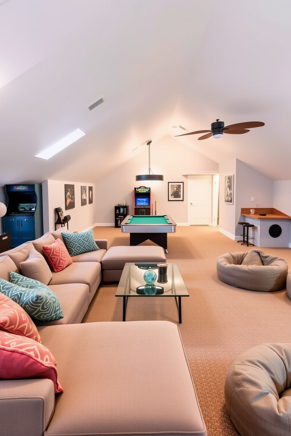 A comfortable sectional sofa arrangement features a plush, L-shaped sofa in a soft gray fabric. The sofa is adorned with colorful throw pillows and is positioned around a sleek glass coffee table, creating a cozy gathering space. The attic game room design includes a spacious layout with a pool table in the center and a vintage arcade machine against one wall. Soft ambient lighting illuminates the room, while a comfortable seating area with bean bags and a mini bar adds to the entertainment vibe.