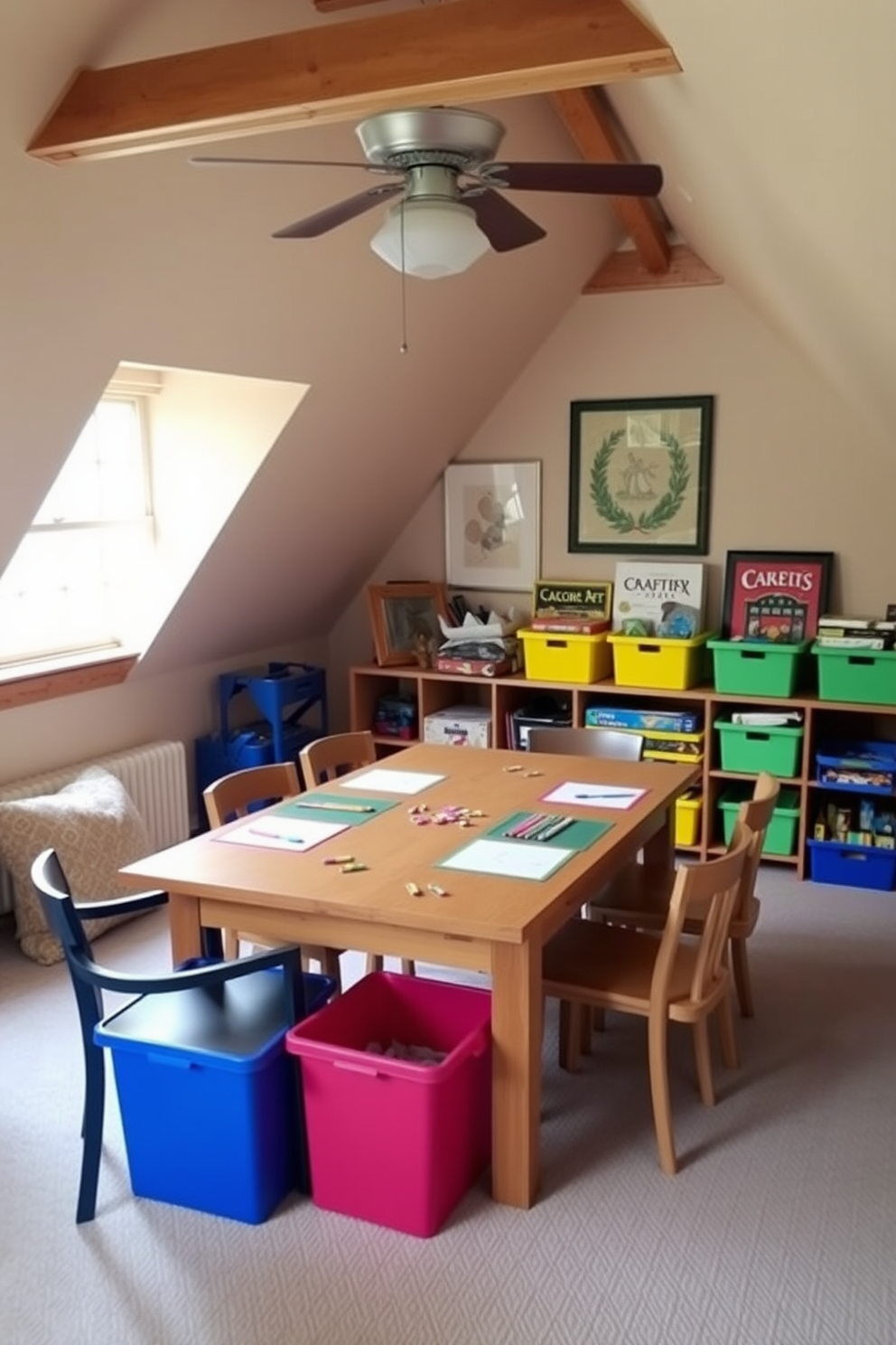 A cozy attic game room features a multi-purpose table designed for games and crafts. The table is surrounded by comfortable chairs and colorful storage bins filled with art supplies and board games.