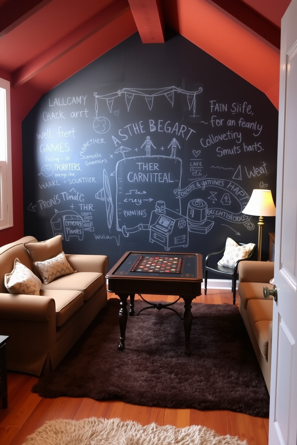 A cozy attic game room with dark walls creating a cinematic ambiance. The space features a plush sectional sofa facing a large screen, with soft ambient lighting adding to the atmosphere. In one corner, a stylish pool table is surrounded by vintage bar stools, enhancing the entertainment vibe. Shelves lined with board games and books create a warm and inviting atmosphere.