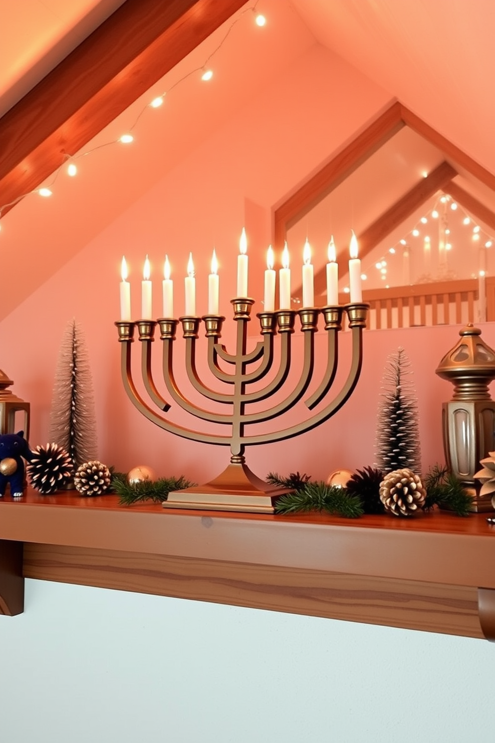 Cozy menorah display on wooden shelf. The menorah is elegantly crafted with a warm finish, surrounded by soft candlelight and festive decorations. Attic Hanukkah decorating ideas. The space features twinkling string lights and traditional ornaments, creating a warm and inviting atmosphere for celebration.