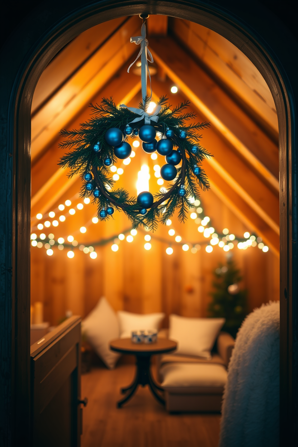 A charming wreath adorned with blue ornaments hangs gracefully on the door, welcoming guests with its festive allure. The wreath features a mix of pine branches and delicate blue baubles, creating a vibrant contrast against the rustic wood of the attic door. Inside the attic, twinkling string lights drape across the exposed beams, casting a warm glow throughout the space. A cozy seating area is arranged with plush cushions and a small table, perfect for enjoying holiday treats while celebrating Hanukkah.