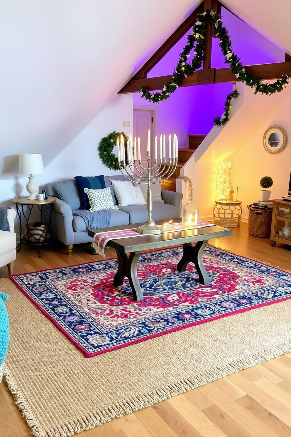 Layered rugs create a cozy atmosphere in a living room. The base rug is a large neutral jute style, while a smaller colorful Persian rug adds depth and character on top. Attic decorated for Hanukkah features a warm and inviting space. Soft blue and silver accents adorn the walls, with a beautiful menorah placed on a rustic wooden table surrounded by twinkling fairy lights.