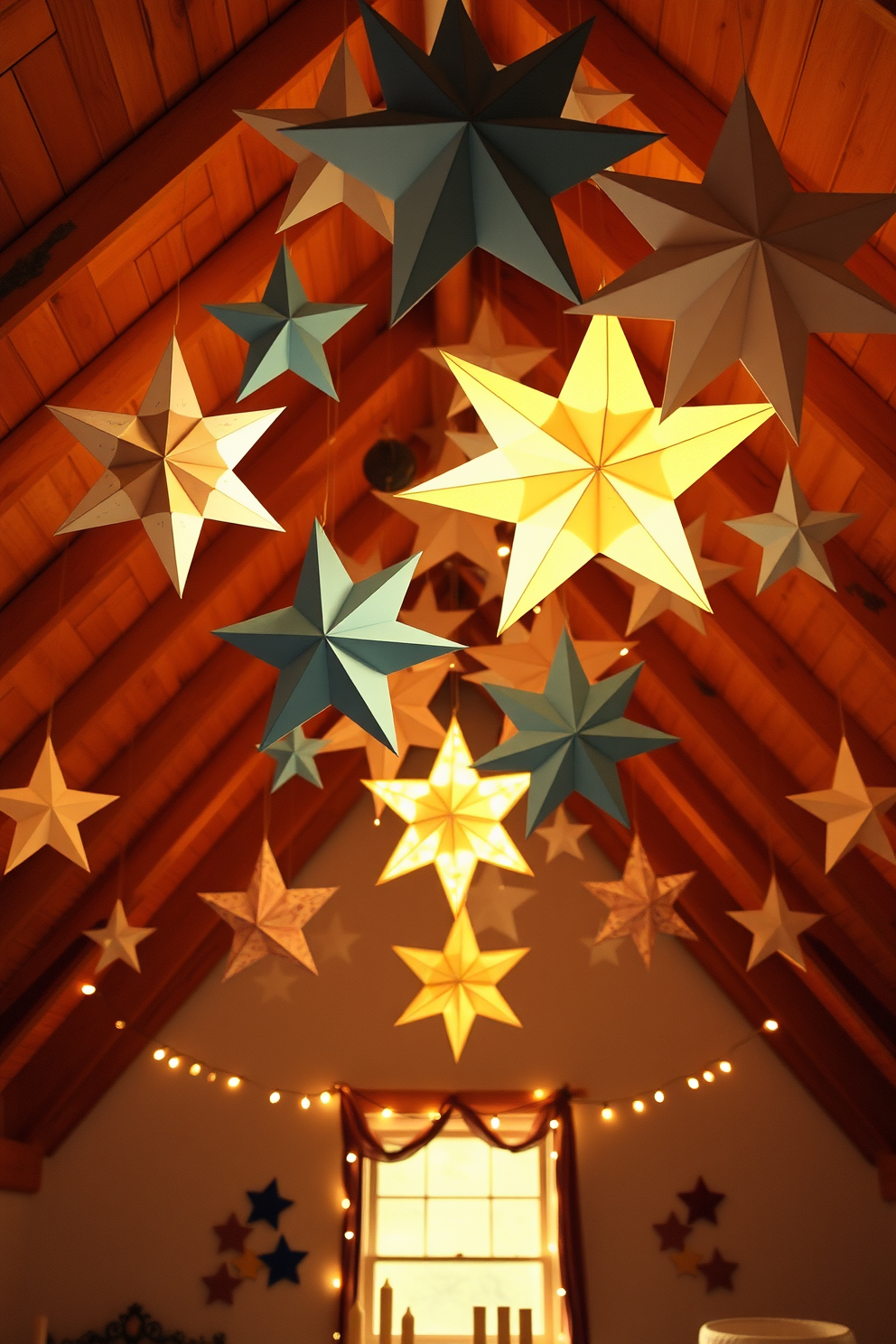 A cozy attic space adorned with hanging paper stars in various sizes creating a festive atmosphere. Soft, warm lighting illuminates the room, enhancing the cheerful vibe of the Hanukkah decorations.