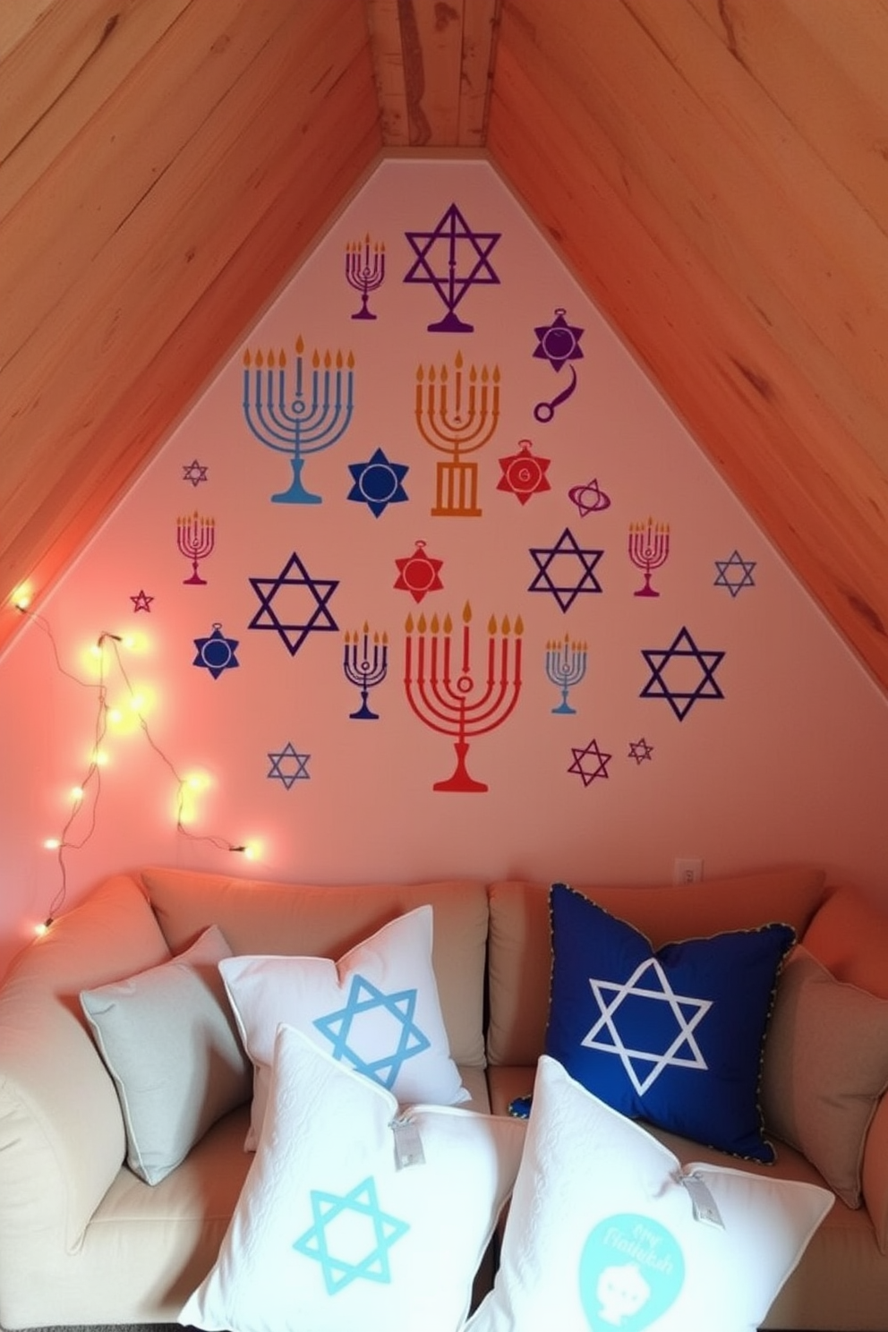 Creative wall decals of Hanukkah symbols adorn the walls, featuring vibrant colors and playful designs that celebrate the holiday spirit. The decals include menorahs, dreidels, and stars of David, adding a festive touch to the attic space. The attic is transformed into a cozy celebration area with warm lighting and plush seating. Decorative elements such as string lights and themed cushions enhance the inviting atmosphere for family gatherings during Hanukkah.