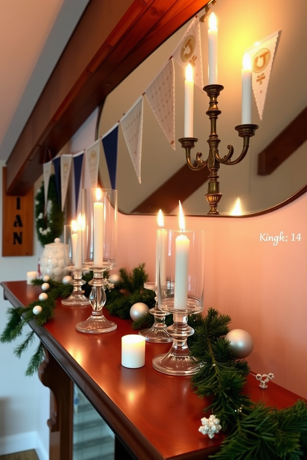 Charming lanterns for soft lighting. The warm glow from the lanterns creates an inviting atmosphere, perfect for cozy gatherings. Attic Hanukkah decorating ideas. The space is adorned with festive blue and white decorations, featuring a beautiful menorah and elegant garlands.