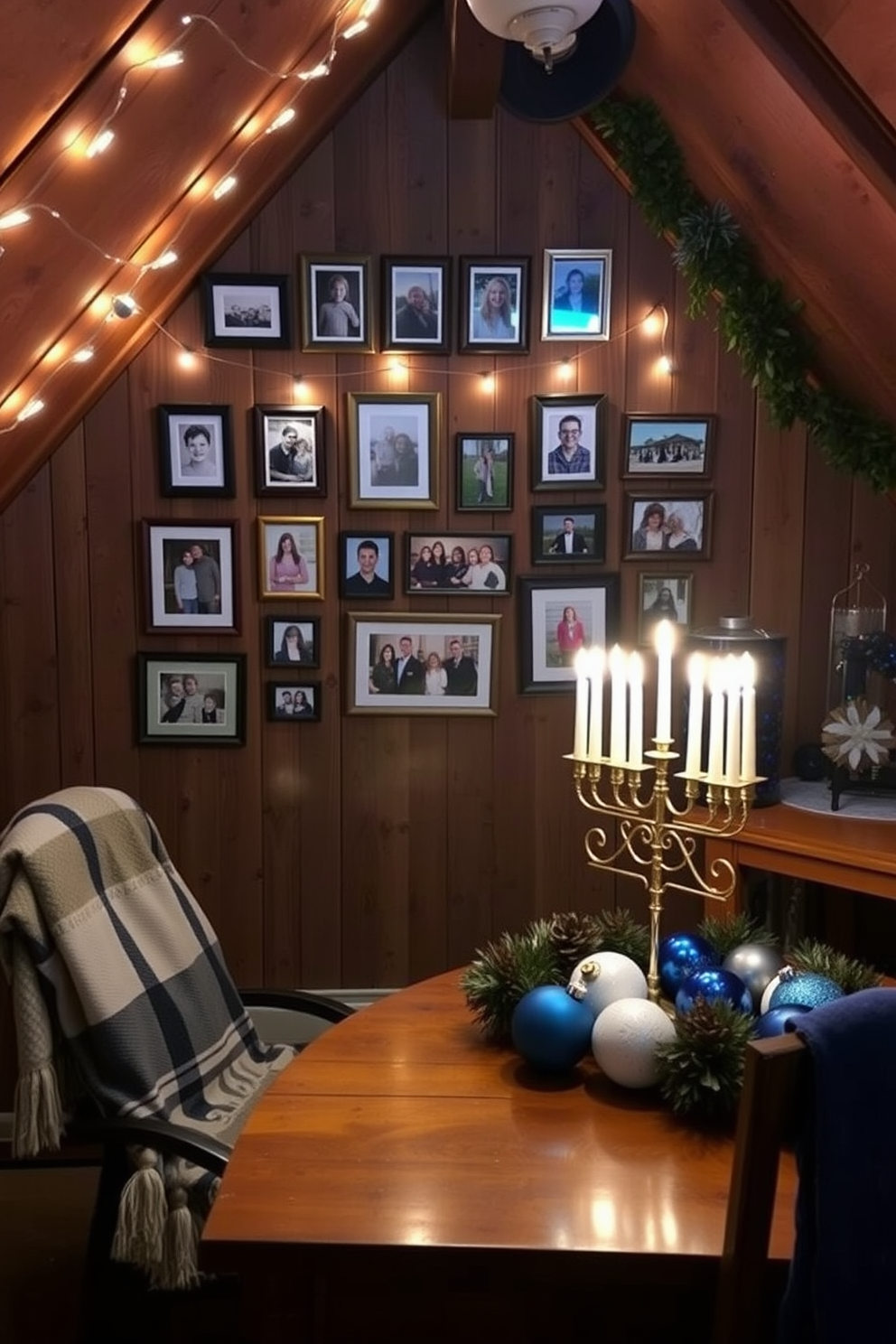 A personalized family photo display is created in a cozy attic setting. The display features a collection of framed photos hung on a rustic wooden wall, illuminated by warm string lights. For Hanukkah decorating ideas, the attic is adorned with blue and white decorations. A beautifully lit menorah sits on a wooden table, surrounded by festive ornaments and a cozy blanket draped over a chair.