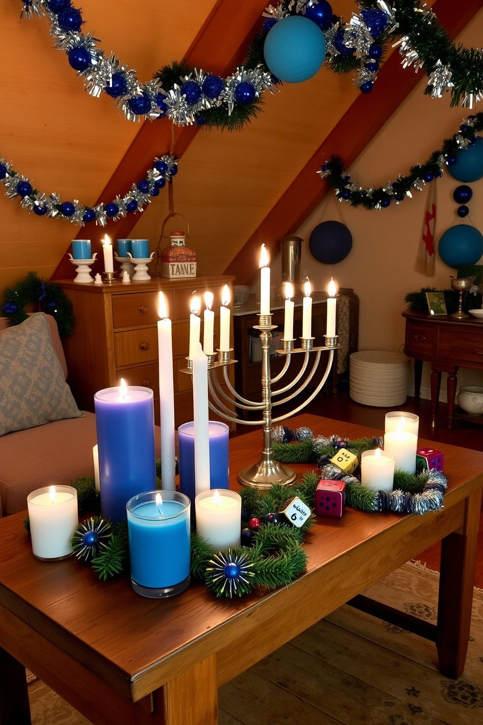 Seasonal scented candles arranged on a rustic wooden table create a warm and inviting atmosphere. The flickering flames cast a soft glow, enhancing the cozy vibe of the space. For the attic, festive Hanukkah decorations adorn the walls and ceiling, featuring blue and silver accents. A beautifully lit menorah takes center stage on a vintage side table, surrounded by playful dreidels and colorful garlands.