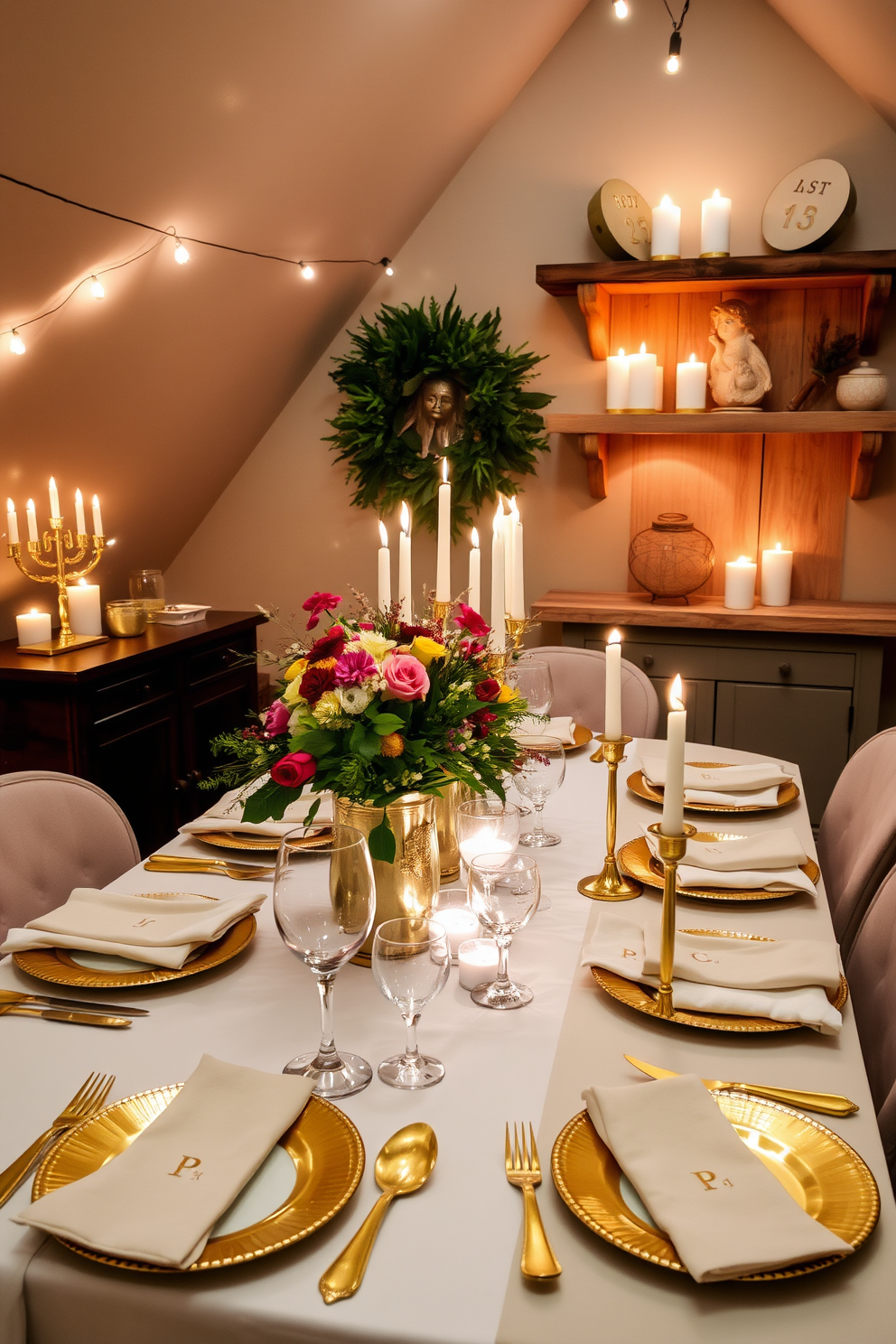 A festive table setting adorned with gold accents creates a warm and inviting atmosphere. The table is elegantly set with fine china, sparkling glassware, and golden cutlery, complemented by a lush centerpiece of seasonal flowers. For attic Hanukkah decorating ideas, the space is transformed into a cozy celebration area. String lights illuminate the room, while traditional menorahs and dreidels are artfully displayed on rustic wooden shelves.