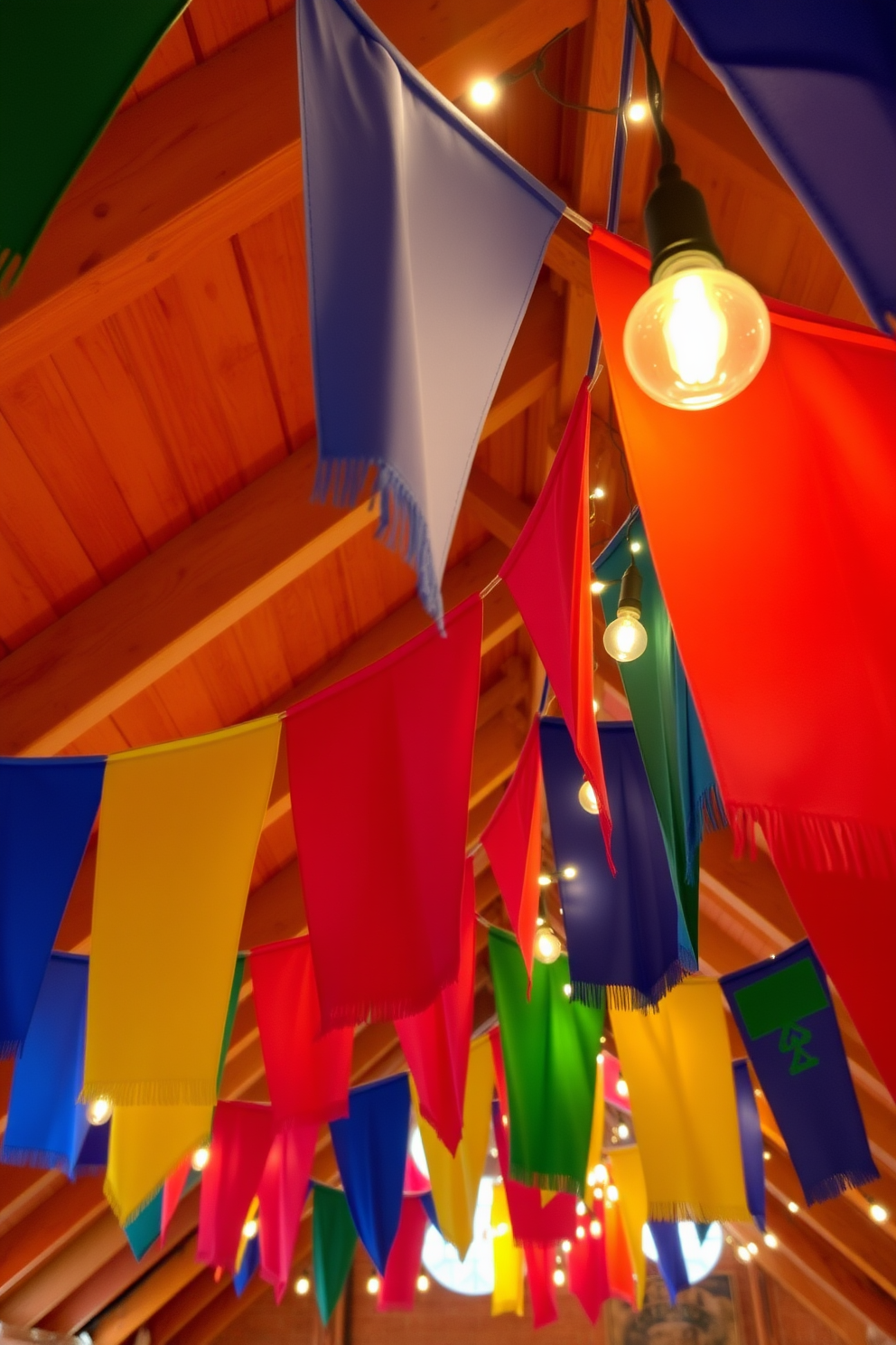 Colorful fabric banners draped from the rafters create a festive atmosphere in the attic. The warm glow of string lights complements the vibrant colors, enhancing the holiday spirit for Hanukkah celebrations.