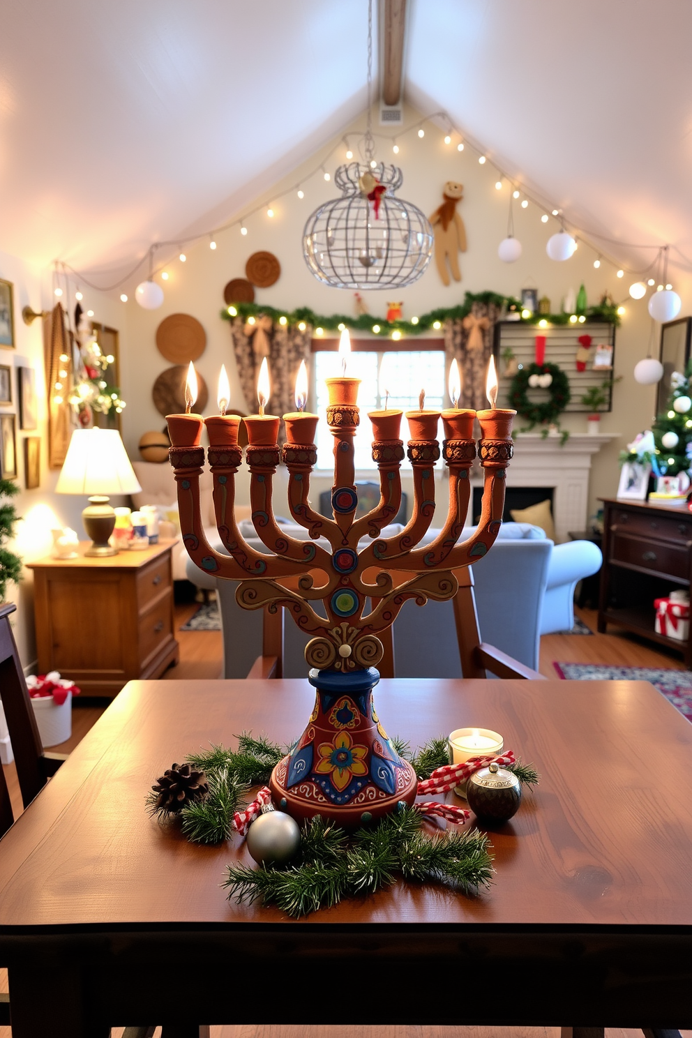 Artistic menorah crafted from clay. The menorah features intricate designs and vibrant colors, standing elegantly on a wooden table adorned with festive decorations. Attic Hanukkah decorating ideas. The space is filled with warm lighting, handmade ornaments, and a cozy seating area, creating a welcoming atmosphere for family gatherings.