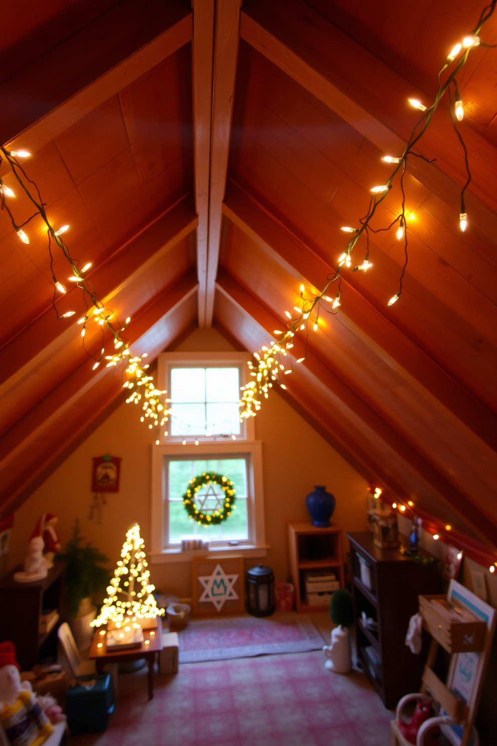 A cozy attic space adorned with hanging paper snowflakes that create a festive charm. The walls are painted in soft white, and twinkling fairy lights are draped across the beams, enhancing the warm atmosphere. For Hanukkah, the attic is decorated with blue and silver accents, featuring a beautifully arranged menorah on a wooden table. Plush cushions in various shades of blue are scattered on the floor, inviting guests to gather and celebrate.