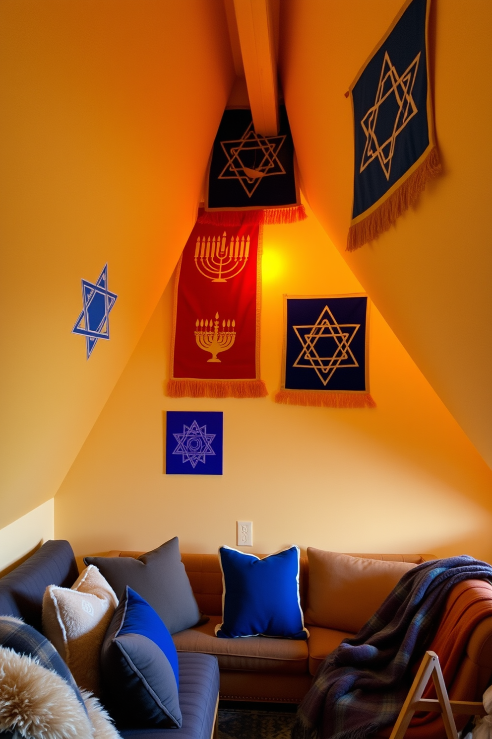 Brightly colored Hanukkah-themed wall hangings adorn the walls of the attic, creating a festive and inviting atmosphere. These vibrant decorations feature traditional symbols such as dreidels and menorahs, bringing a joyful spirit to the space. The attic is transformed into a cozy gathering spot for family celebrations with warm lighting and comfortable seating. Plush cushions and throws in rich blues and golds complement the Hanukkah decor, making it a perfect place for holiday festivities.