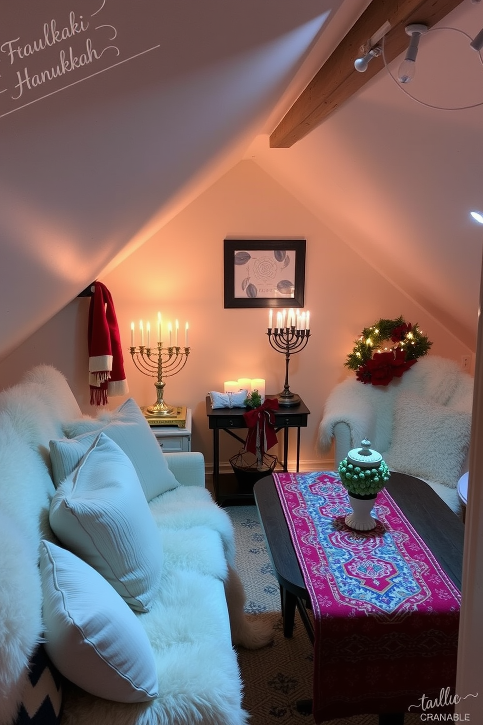 A cozy seating area adorned with plush cushions and festive throws. The space is illuminated by warm lighting, creating an inviting atmosphere for holiday gatherings. Decorative elements include a beautifully draped menorah on a side table and a vibrant table runner. The walls are adorned with subtle Hanukkah-themed artwork, enhancing the festive spirit of the attic space.