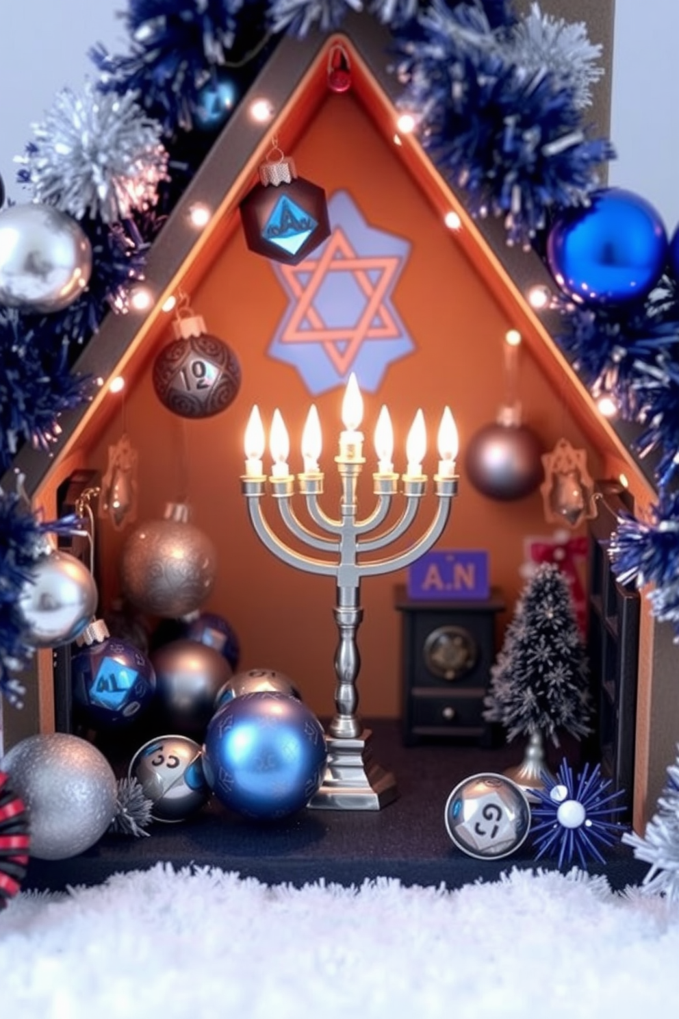 A charming miniature village scene showcasing festive Hanukkah decorations. The attic is adorned with blue and silver ornaments, shimmering dreidels, and a beautifully lit menorah at the center.