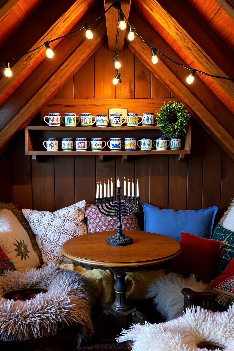 Hand-painted Hanukkah mugs are arranged on a rustic wooden shelf, showcasing vibrant colors and intricate designs. The warm glow of string lights above enhances the festive atmosphere in the cozy attic space. The attic is adorned with traditional Hanukkah decorations, including a beautifully crafted menorah placed at the center of a vintage table. Soft, plush blankets and pillows create a welcoming nook for family gatherings and celebrations.