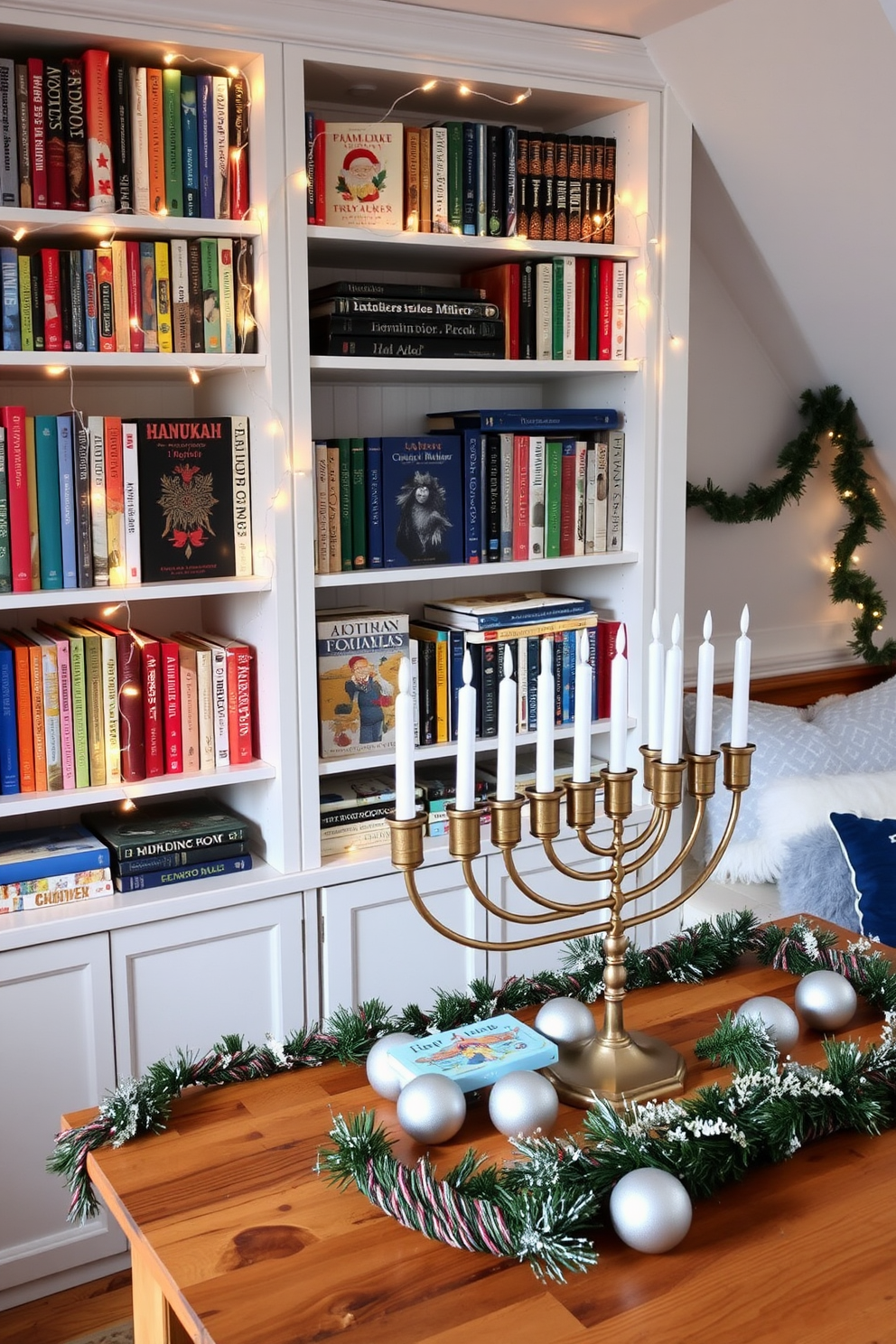 A cozy attic space transformed for Hanukkah, featuring miniature trees adorned with soft blue lights. The trees are placed on wooden shelves, surrounded by festive decorations and warm, inviting textiles.