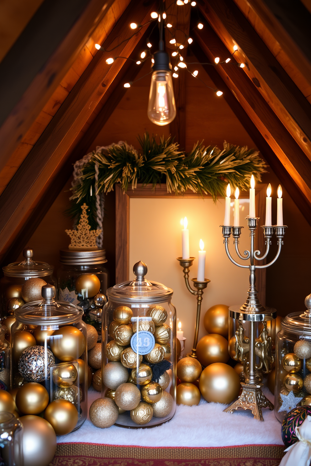 A cozy attic space adorned with rustic wooden accents that exude warmth and charm. Soft string lights are draped along the exposed beams, casting a gentle glow over the festive decorations. The room features a beautifully decorated Hanukkah menorah placed on a reclaimed wood table. Surrounding the menorah are handmade ornaments and colorful dreidels that add a touch of whimsy to the holiday atmosphere.