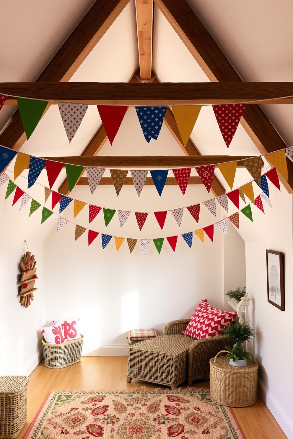 Create a cozy attic space adorned with colorful festive banners hanging from the exposed beams. The walls are painted in soft white, and the floor is covered with a plush area rug to enhance the warmth of the setting.