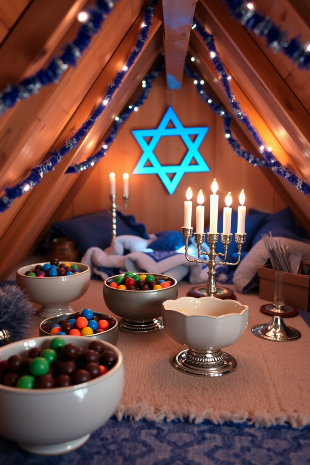 A warm and inviting living room featuring layered rugs in various textures and colors. The base rug is a large neutral-toned piece, topped with smaller, vibrant patterned rugs that create a cozy vibe. A charming attic space adorned with festive Hanukkah decorations. Soft blue and silver accents are complemented by menorah displays and handmade dreidels, creating a warm holiday atmosphere.