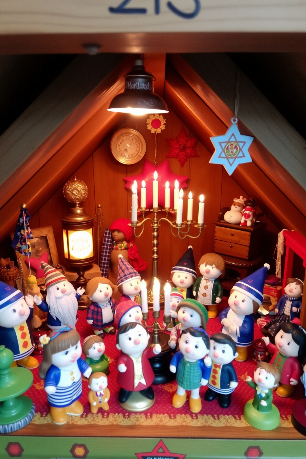 A cozy attic space adorned with hanging stars creates a celestial theme perfect for Hanukkah celebrations. Soft white lights twinkle among the stars, illuminating the room's rustic wooden beams and warm, inviting decor. Decorative elements include blue and silver accents that reflect the holiday spirit, with a beautifully arranged menorah placed on a vintage wooden table. Plush cushions and blankets in coordinating colors invite guests to relax and enjoy the festive atmosphere.