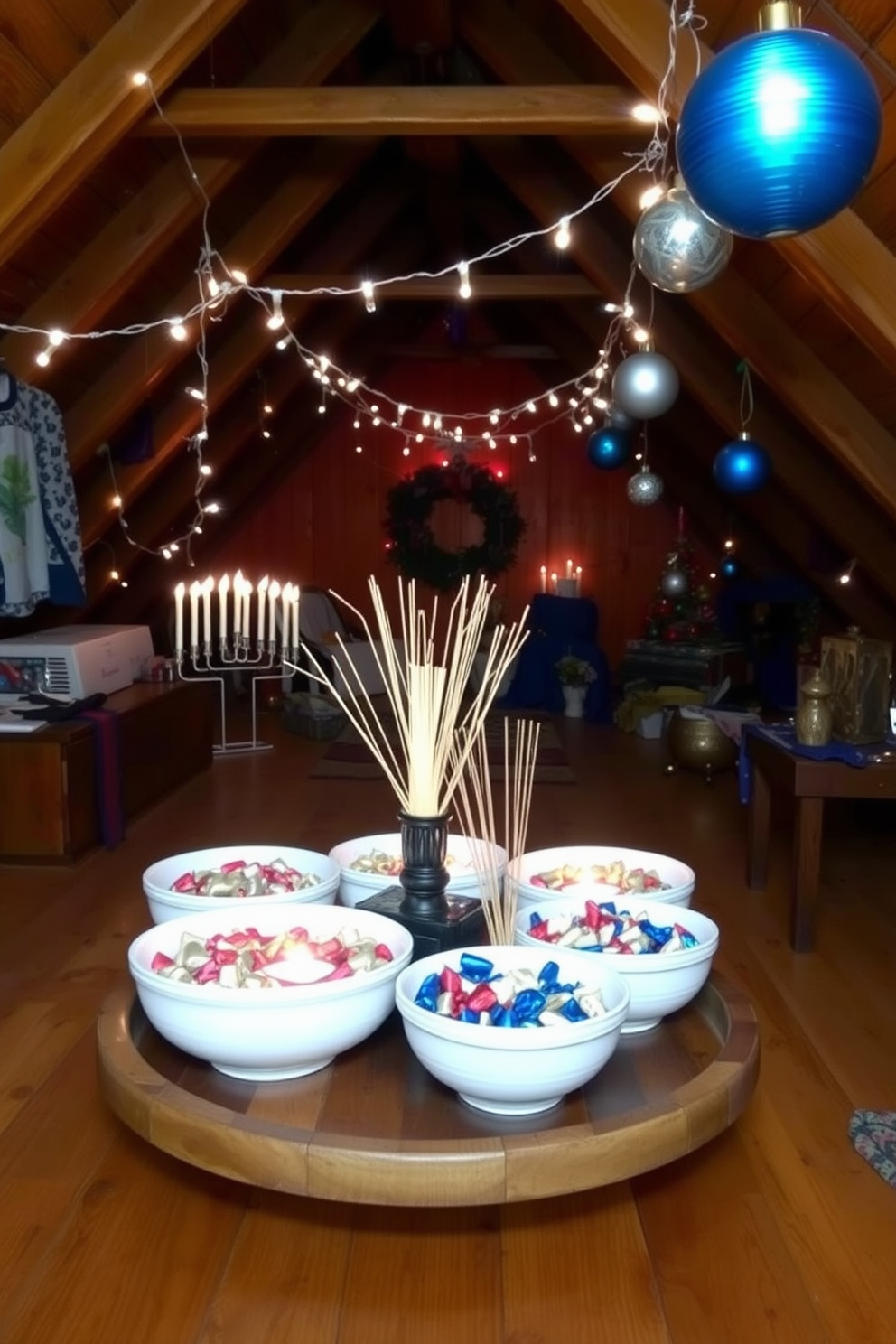 A cozy attic space adorned for Hanukkah. Festive bowls filled with scented potpourri are artfully arranged on a wooden table, creating a warm and inviting atmosphere. Soft, twinkling lights drape across the beams, casting a gentle glow. Colorful decorations, including blue and silver ornaments, enhance the festive spirit throughout the room.