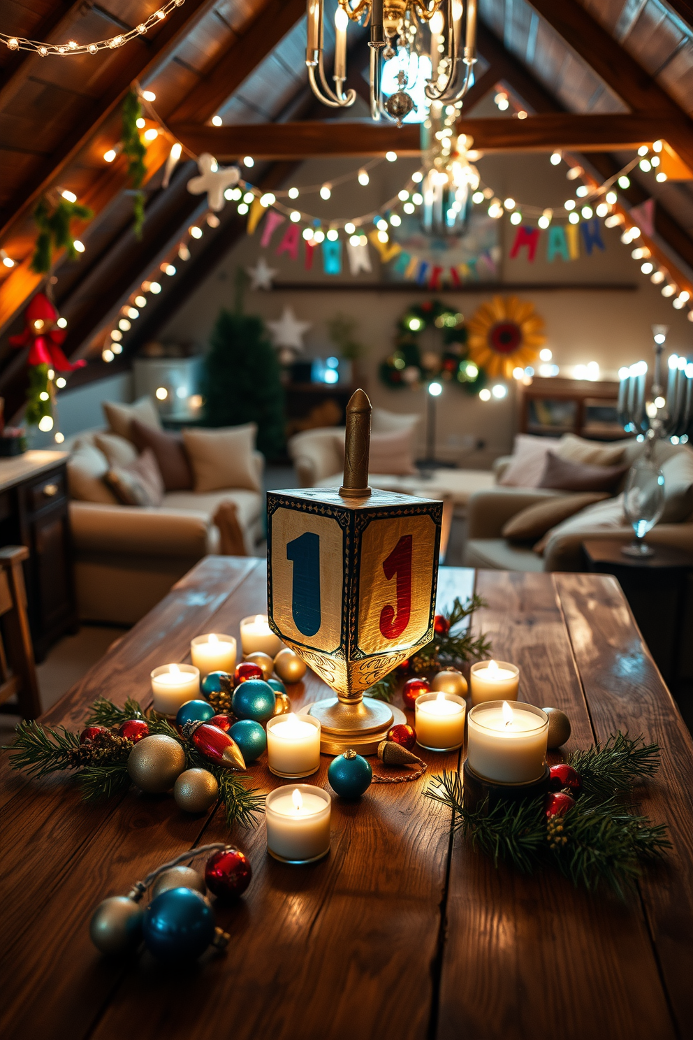 A vintage dreidel centerpiece is elegantly displayed on a rustic wooden table. Surrounding the dreidel are colorful ornaments and soft candlelight that create a warm and inviting atmosphere. In the attic, festive Hanukkah decorations adorn the space with string lights and handmade garlands. The cozy setting features plush seating and traditional menorahs, emphasizing a sense of celebration and togetherness.