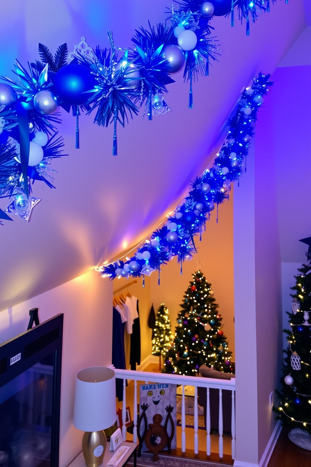 A cozy attic space is adorned with twinkling string lights that cast a warm glow. On a rustic side table, a collection of colorful decorative dreidels is displayed alongside festive candles and a small potted evergreen. The walls are painted in soft pastel hues, creating a cheerful atmosphere for Hanukkah celebrations. A plush area rug lies beneath the table, adding comfort and inviting guests to gather and enjoy the holiday spirit.