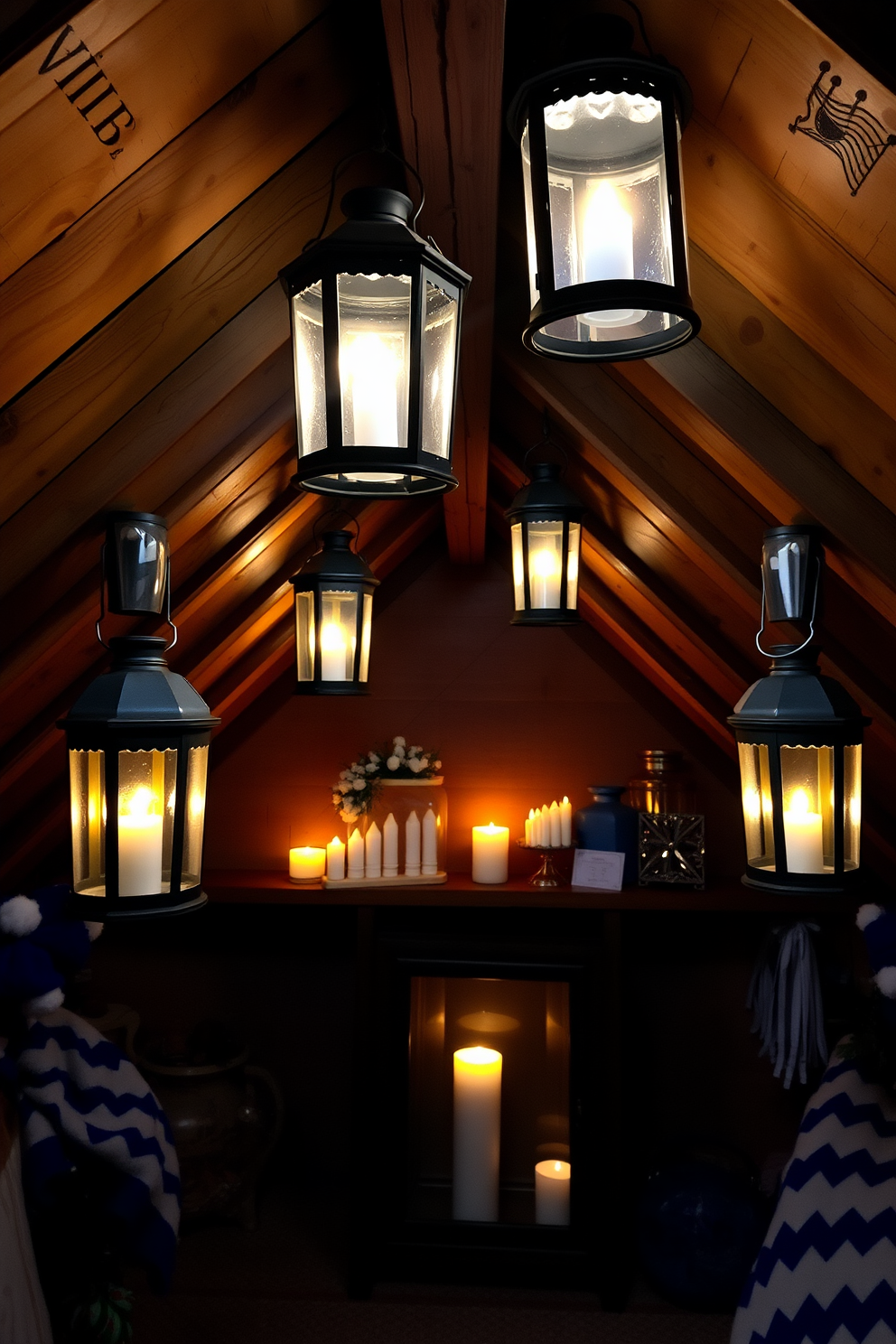 A cozy attic space adorned with rustic lanterns casting a warm glow from flickering candles. The walls are decorated with festive Hanukkah decorations, featuring blue and white accents that enhance the seasonal charm.