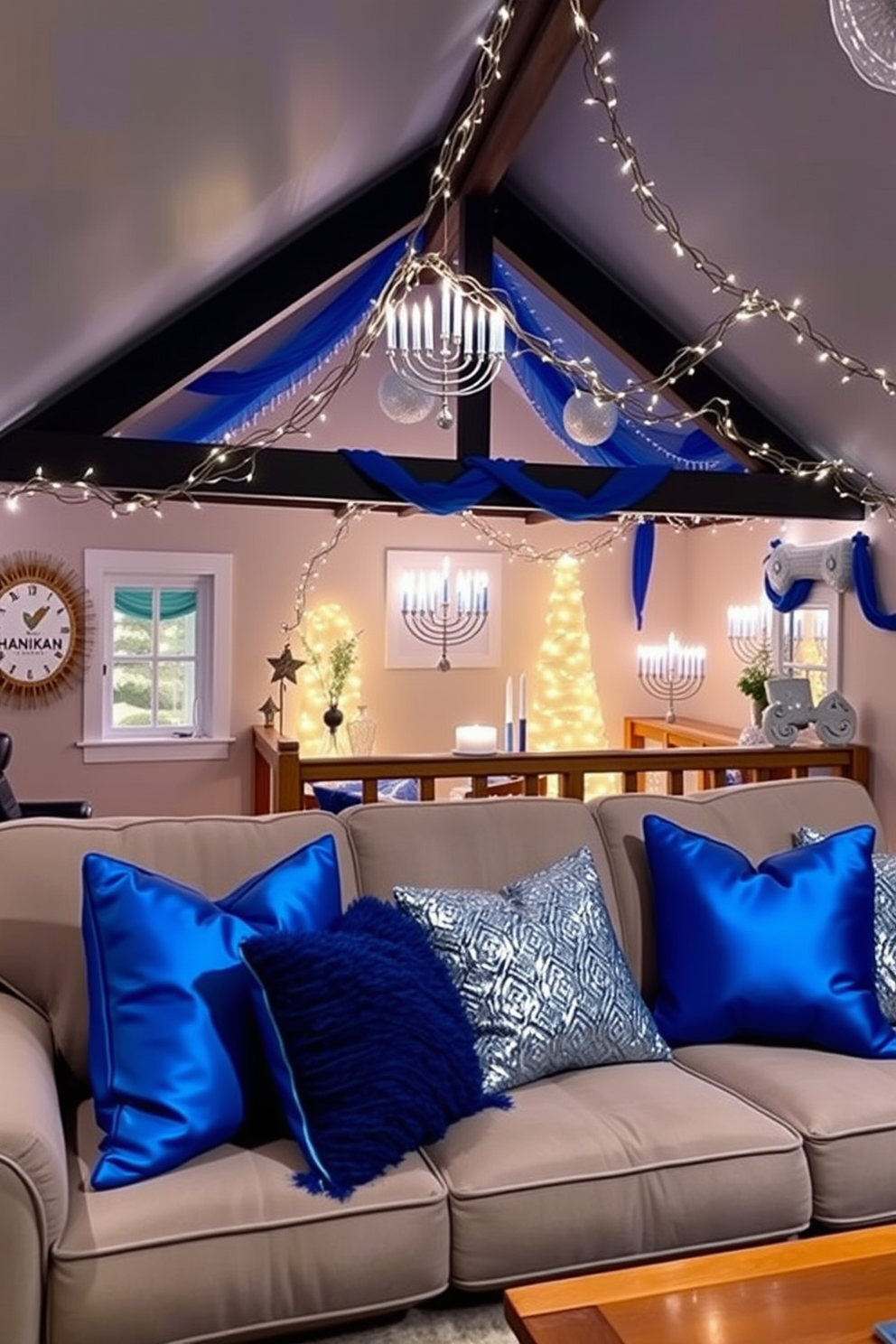 A cozy living room featuring a plush sofa adorned with blue and silver throw pillows. The space is illuminated by soft lighting, creating a warm and inviting atmosphere. An enchanting attic transformed for Hanukkah celebrations, decorated with twinkling fairy lights and traditional menorahs. The decor includes vibrant blue and silver accents, enhancing the festive spirit.