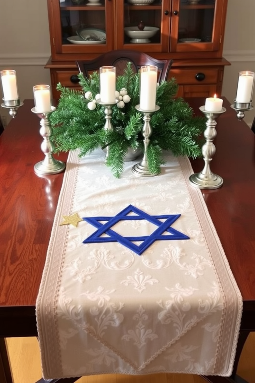 A cozy attic space adorned for Hanukkah celebrations. Soft lighting illuminates the room, highlighting a beautifully decorated menorah placed on a rustic wooden table surrounded by colorful dreidels. Eucalyptus garlands drape gracefully along the wooden beams, adding a natural touch to the festive decor. The walls are adorned with handmade ornaments, creating a warm and inviting atmosphere perfect for family gatherings.