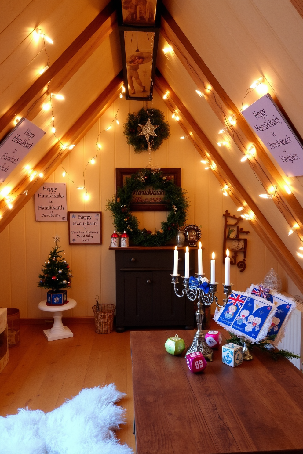 A beautifully crafted menorah stands as the centerpiece on a rustic wooden table adorned with festive decorations. Surrounding the menorah, soft white lights twinkle, creating a warm and inviting atmosphere for the Hanukkah celebration in the attic. The walls are draped with rich blue and silver fabrics, enhancing the cozy ambiance. Vintage Hanukkah ornaments and candles are artfully arranged on shelves, adding a personal touch to the attic's festive decor.