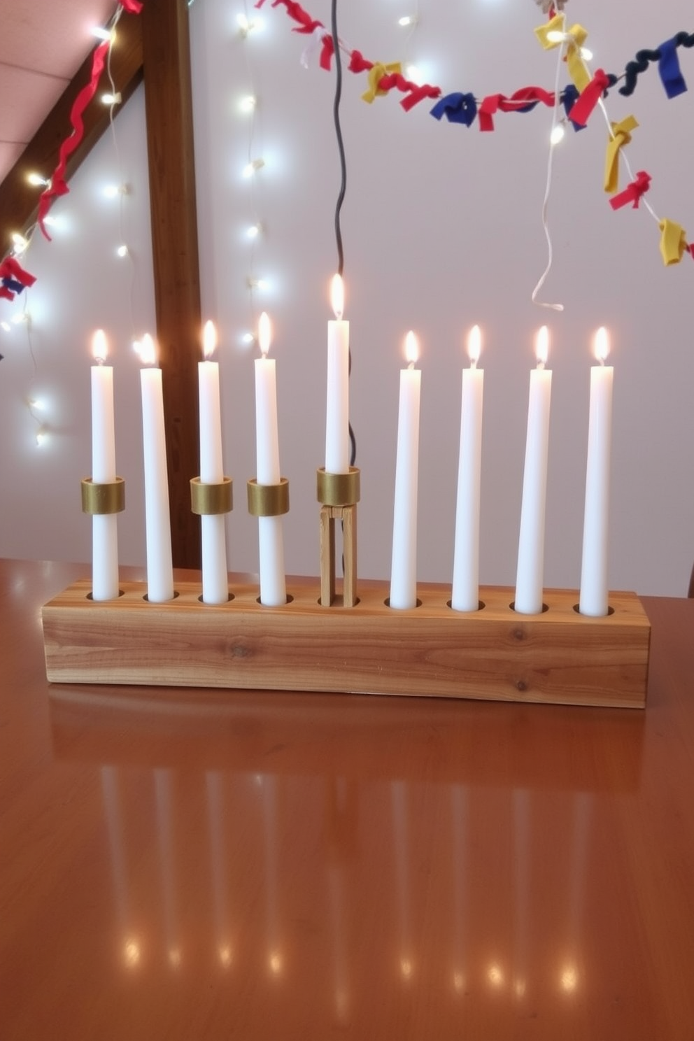 A DIY menorah made from reclaimed wood features a rustic design with eight candle holders arranged in a straight line. The wood is left in its natural state, showcasing the unique grain and texture, and is complemented by simple white candles. Attic Hanukkah decorating ideas include hanging string lights to create a warm and inviting atmosphere. Use colorful fabric or paper to make festive garlands that can be draped along the walls and ceiling for a cheerful touch.