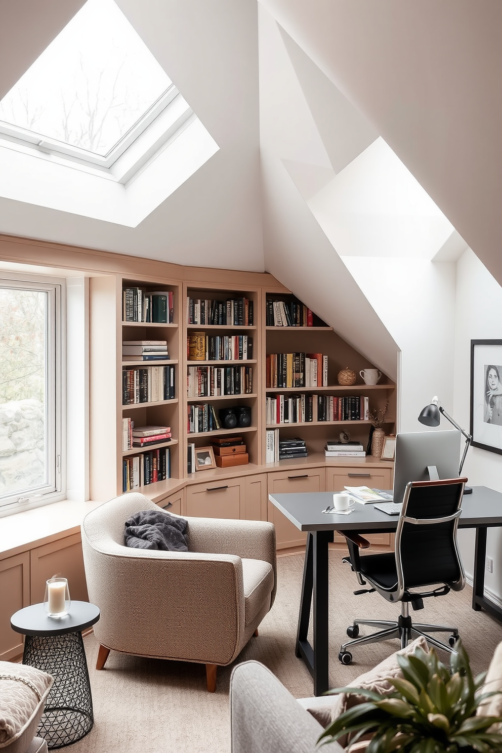 Cozy reading nook with skylights. A plush armchair is positioned beneath a large skylight, allowing natural light to flood the space. Soft throw blankets and a stack of books are placed on a small side table next to the chair. The walls are painted in a warm beige tone, and potted plants add a touch of greenery to the inviting atmosphere. Attic office design ideas. A sleek desk is positioned under the sloped ceiling, with a comfortable ergonomic chair for productivity. Large windows on one side provide ample daylight, while built-in shelves display books and decorative items. The color palette features calming blues and whites, creating a serene workspace.