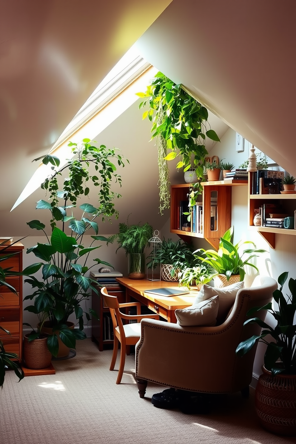 A cozy attic office setting filled with natural light. The space features a wooden desk positioned under a slanted ceiling with skylights, surrounded by lush green plants that create a fresh atmosphere. A comfortable armchair sits in the corner, adorned with soft cushions. Shelves made of reclaimed wood display books and decorative items, enhancing the inviting and productive environment.