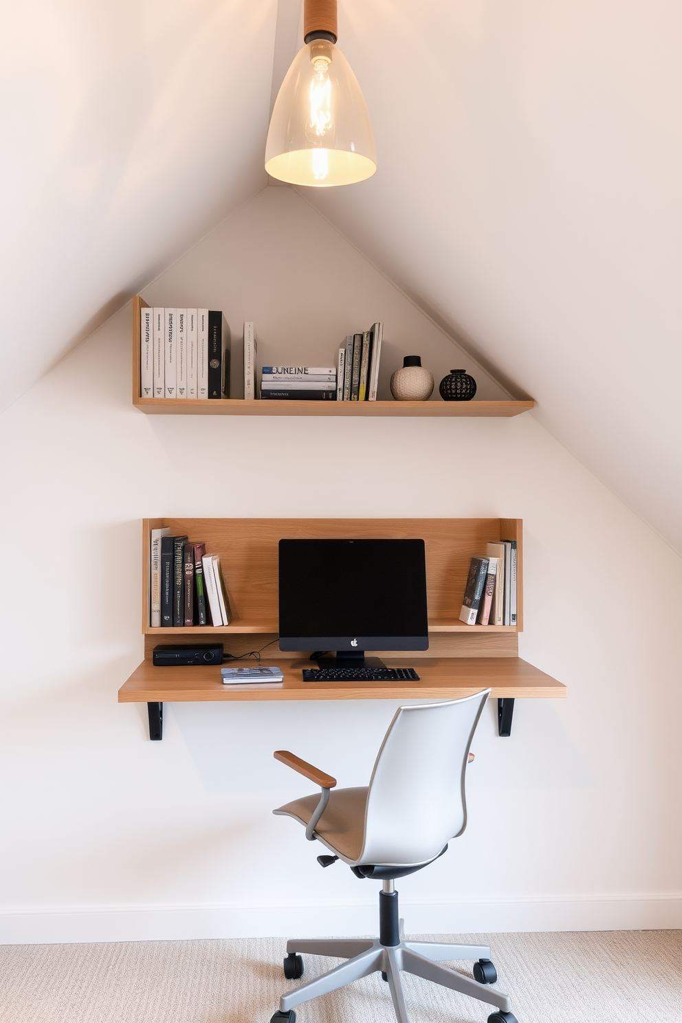 A sleek wall-mounted desk is positioned against a sloped ceiling, maximizing the use of vertical space. The desk features a minimalist design with a natural wood finish and is paired with a comfortable ergonomic chair. Above the desk, open shelving displays neatly organized books and decorative items, adding personality to the space. Soft, warm lighting is provided by a stylish pendant light that hangs from the ceiling, creating an inviting atmosphere.