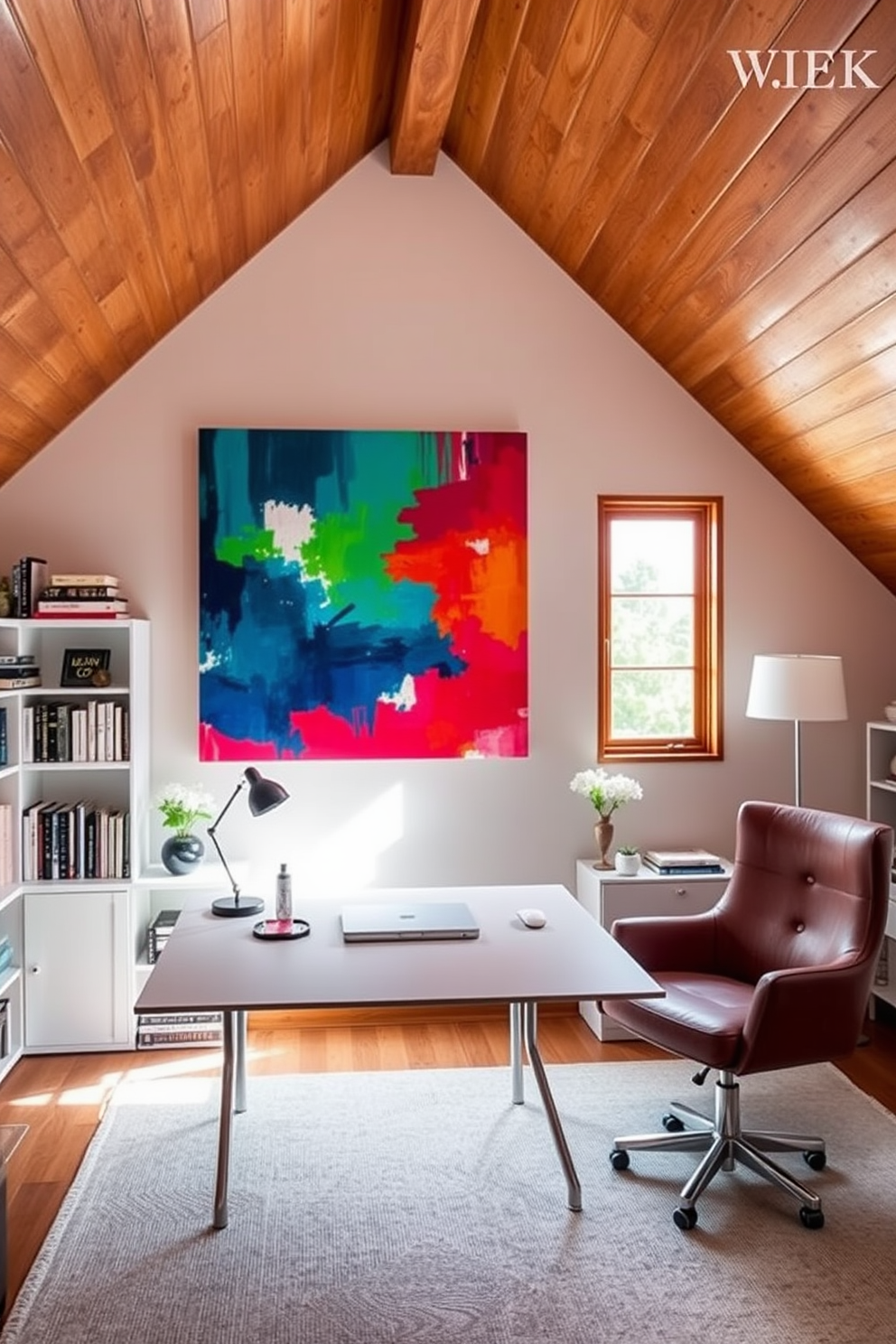 Creative wall art for inspiration. A large canvas painting with vibrant colors hangs above a sleek, modern desk, adding a pop of creativity to the space. Surrounding the desk are shelves filled with books and decorative objects, creating an inspiring environment for work. Attic Office Design Ideas. The sloped ceiling is adorned with wooden beams, giving the room a cozy feel. A large window allows natural light to flood in, while a comfortable armchair sits in the corner, perfect for reading or brainstorming.