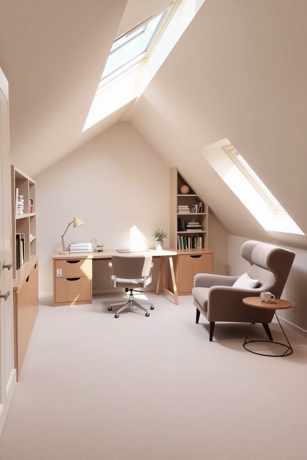 A cozy attic office designed to maximize corner spaces. The room features a sleek desk tucked into the corner, with built-in shelves above filled with books and decorative items. Natural light floods the space through a large window, enhancing the warm wooden beams of the ceiling. A comfortable chair sits beside the desk, creating an inviting nook for reading or working.