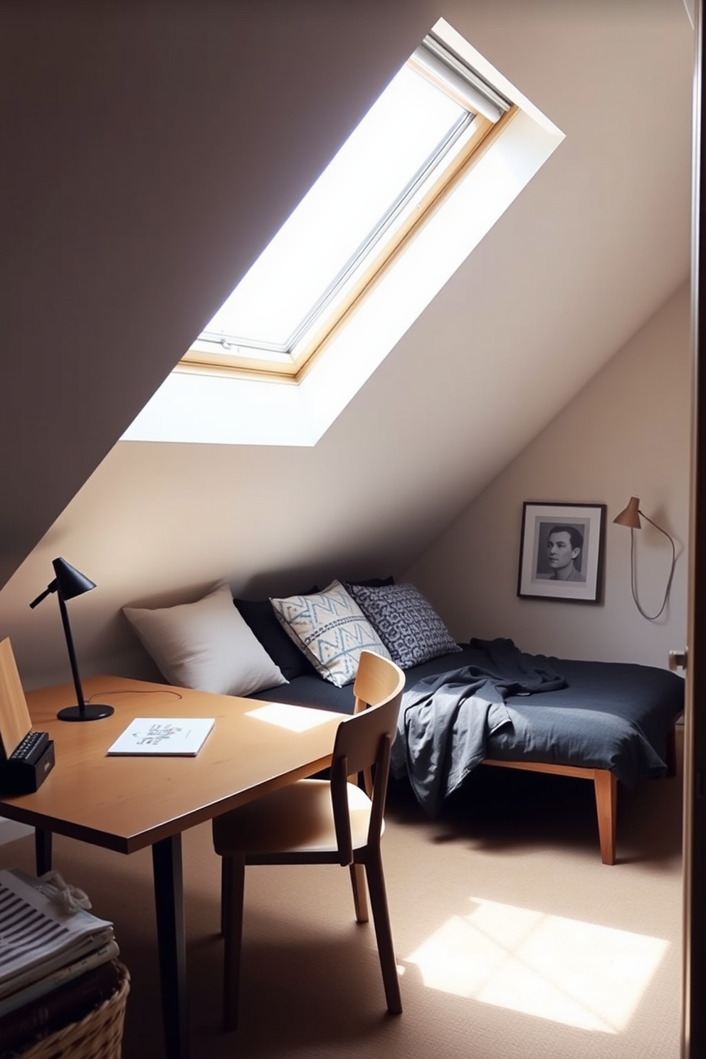 A serene attic office space filled with natural light. The walls are painted in soft beige, complemented by light wood beams that add warmth to the atmosphere. A large wooden desk sits in the center, adorned with minimalistic decor and a sleek laptop. A cozy armchair in a neutral fabric is positioned in the corner, inviting relaxation during breaks.