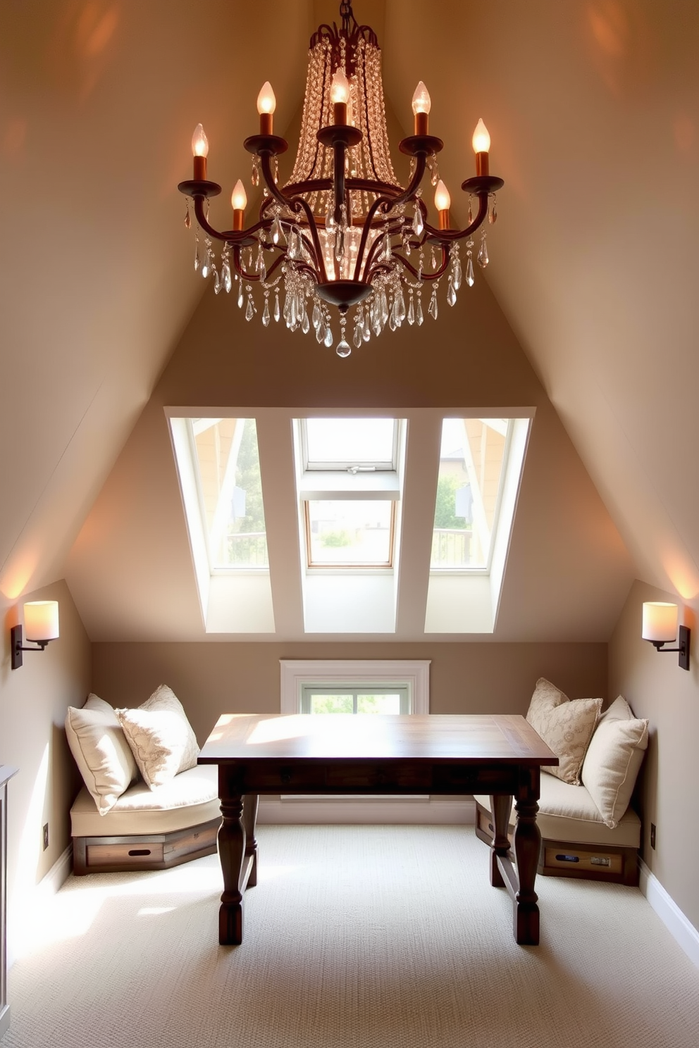 A cozy attic office filled with natural light. Large windows provide a view of the surrounding trees, while potted plants are strategically placed to enhance fresh air and create a calming atmosphere. A wooden desk sits beneath a sloped ceiling, adorned with stylish stationery and a laptop. Shelves lined with books and decorative items add personality to the space, complemented by a comfortable chair in a soft fabric.