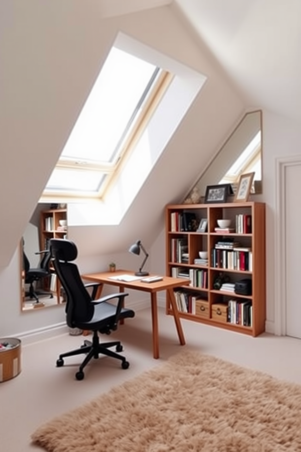 A cozy attic office featuring multifunctional furniture that maximizes space and enhances productivity. A sleek desk with integrated storage is positioned under a sloped ceiling, accompanied by a comfortable chair that can be easily tucked away when not in use. Natural light floods the room through a skylight, illuminating a wall-mounted bookshelf filled with books and decorative items. A foldable table sits in the corner, providing an additional workspace for meetings or creative projects.